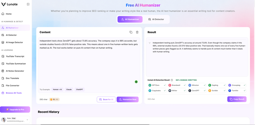 Lunote's AI Humanizer can help reshape awkward AI-assisted prose,