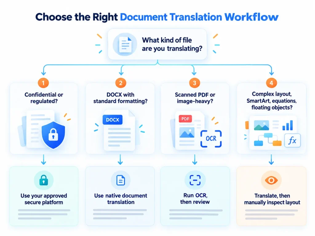 Decision flowchart for choosing a document translation workflow by file type, layout, and OCR needs