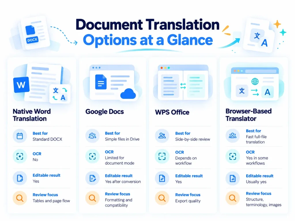 Document translation options compared across Microsoft Word, Google Docs, WPS Office, and online translators