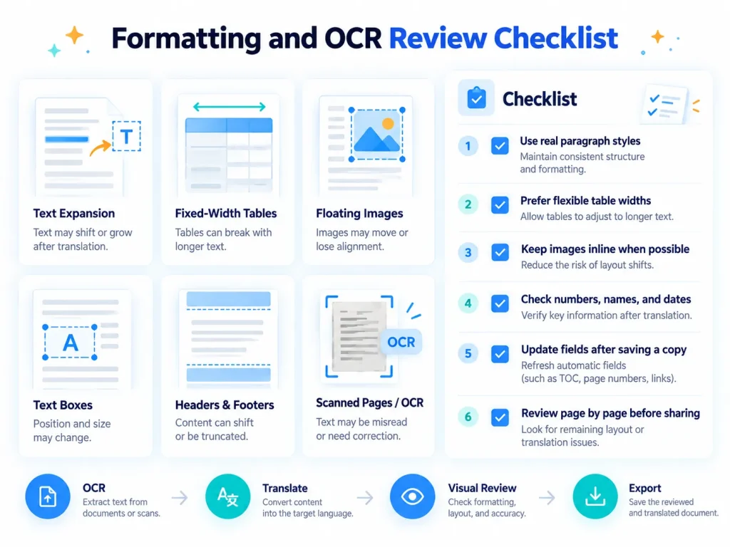 Formatting and OCR review checklist for translated documents, including tables, images, fonts, and scanned pages