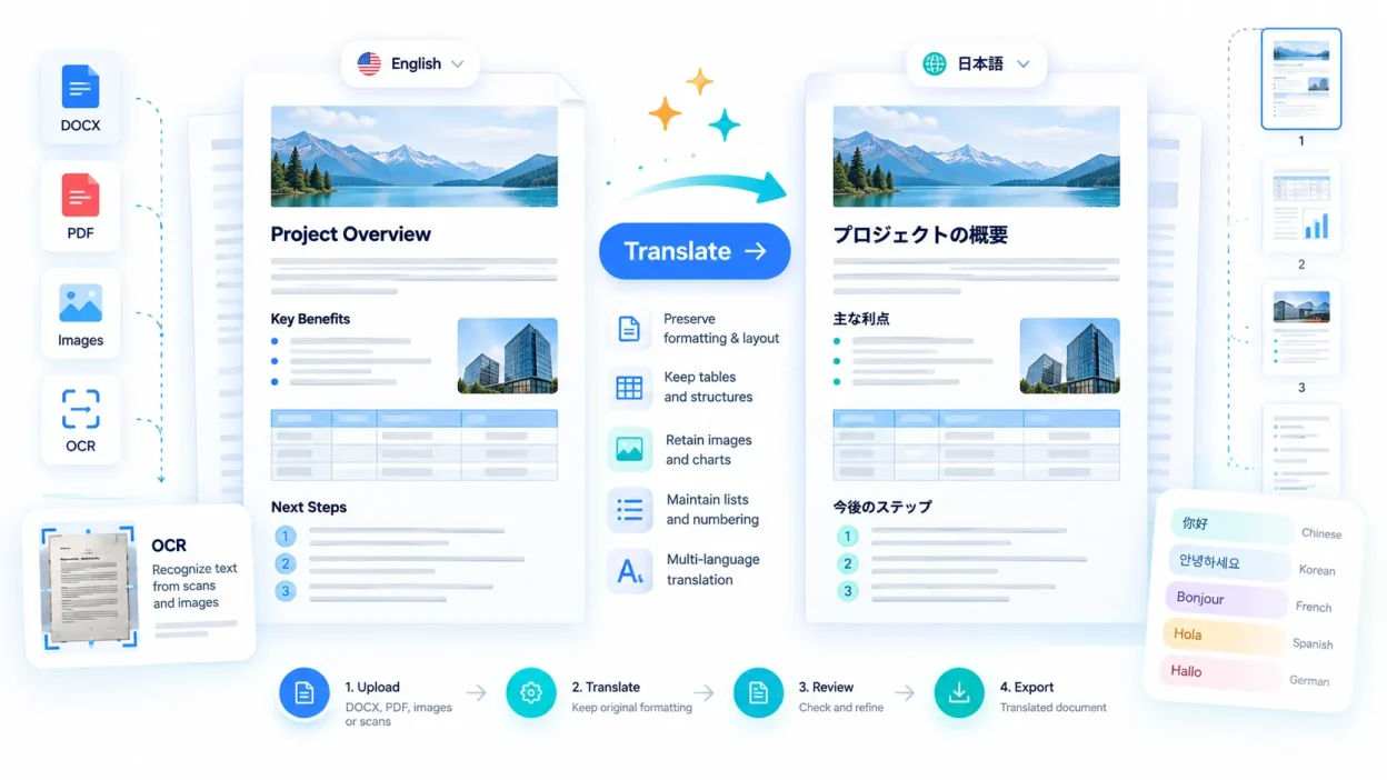 Three-step document translation process that preserves the original formatting and page layout