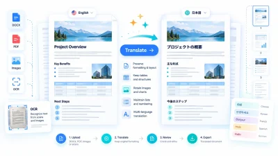 Three-step document translation process that preserves the original formatting and page layout