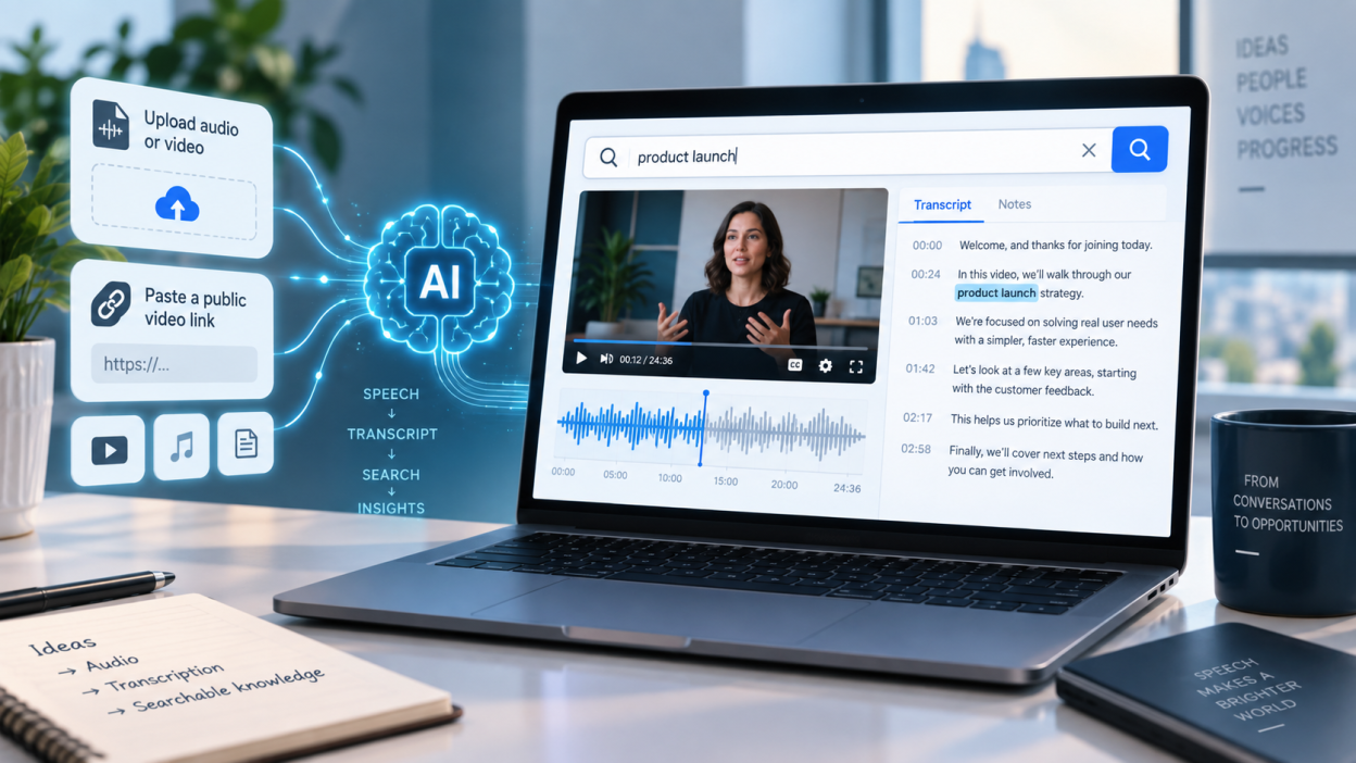 Laptop showing an AI transcription web app for uploading audio or video and pasting public video links.