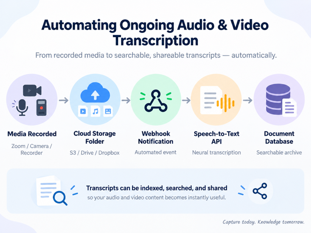 Five-step browser-based workflow for uploading or linking a video, transcribing it, editing the text, and exporting results.
