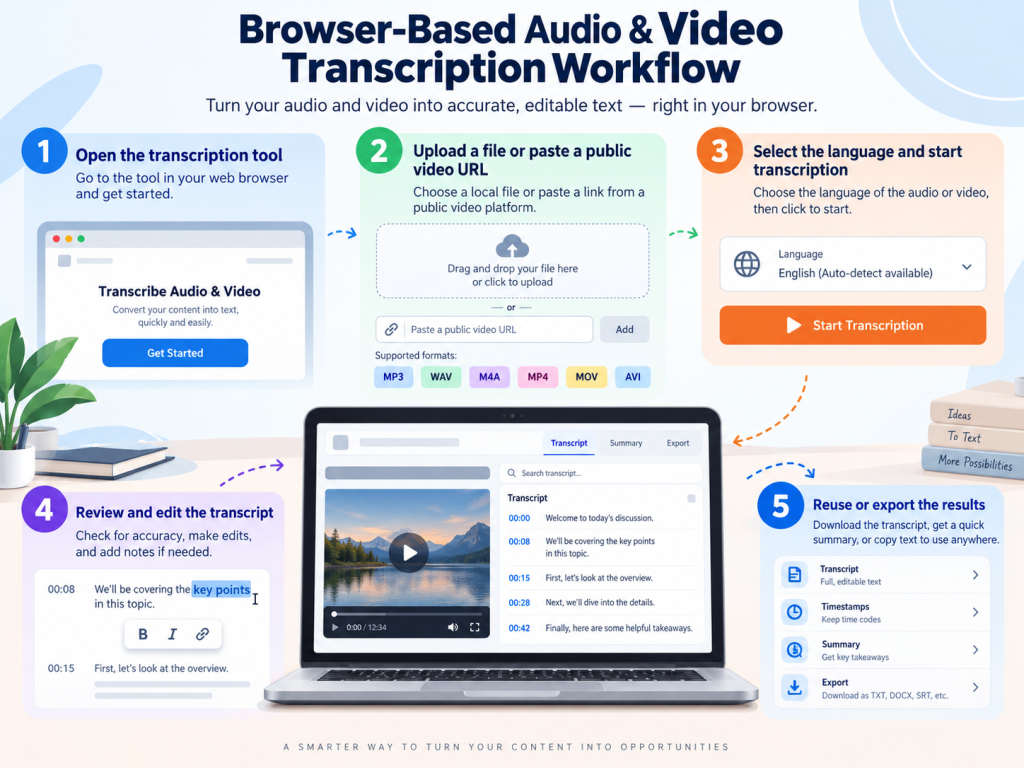 Four-step infographic for checking video-note accuracy by reviewing summaries, timestamps, playback speed, and source terms.