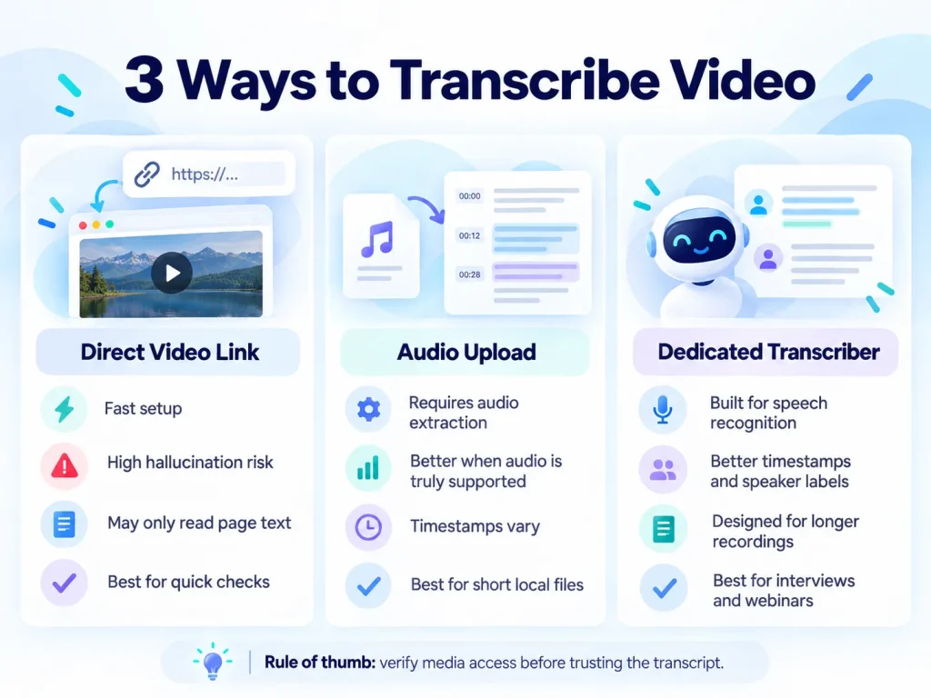 Three ways to transcribe video using built-in chat, audio upload, and online transcription tools
