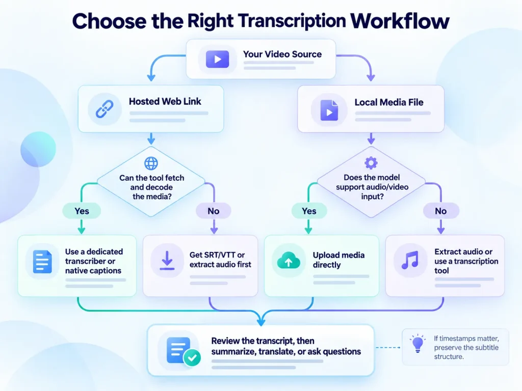 Decision flowchart for choosing an audio and video transcription workflow based on source and privacy needs