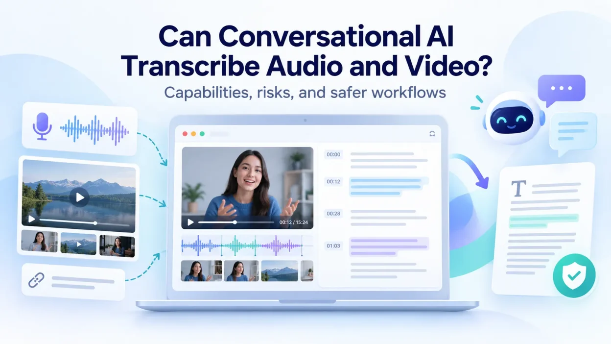 Conversational AI audio and video transcription interface with waveform, video preview, transcript, and privacy protection