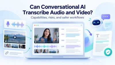 Conversational AI audio and video transcription interface with waveform, video preview, transcript, and privacy protection