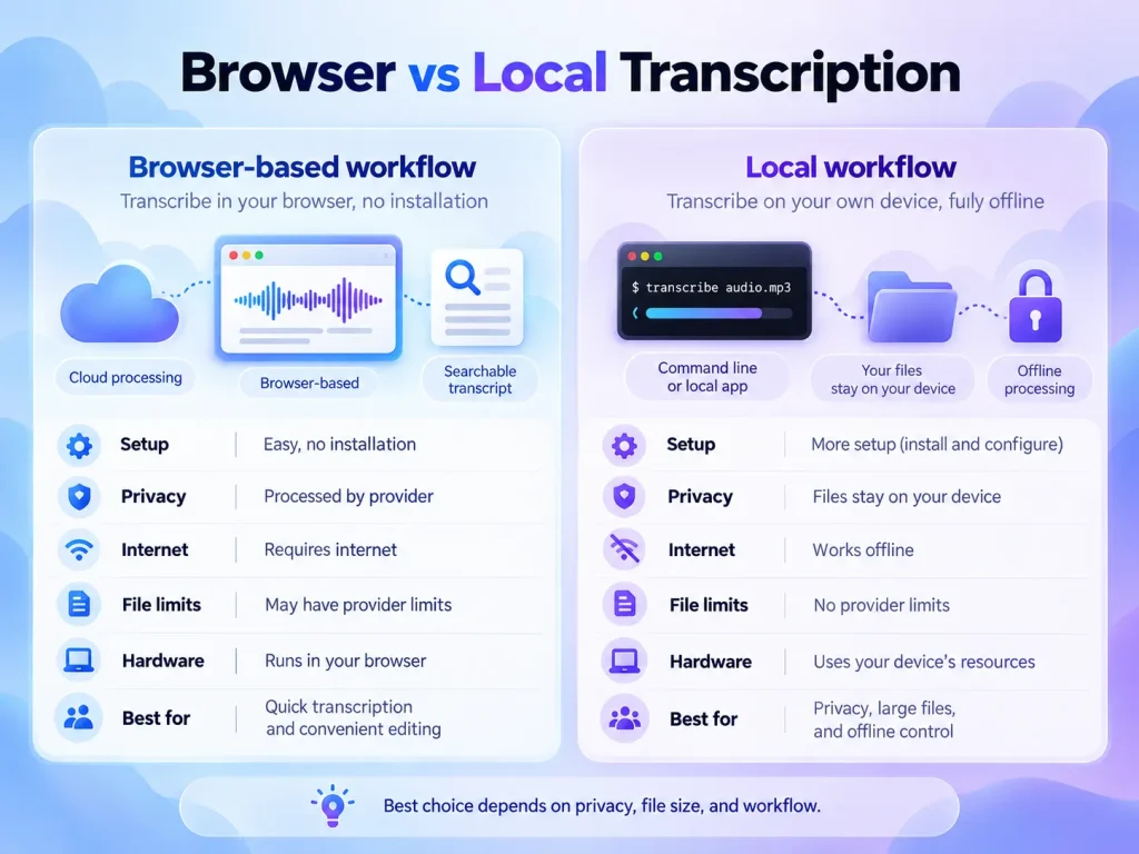 Browser-based versus local MP3 and M4A transcription comparison covering privacy, speed, setup, and file limits