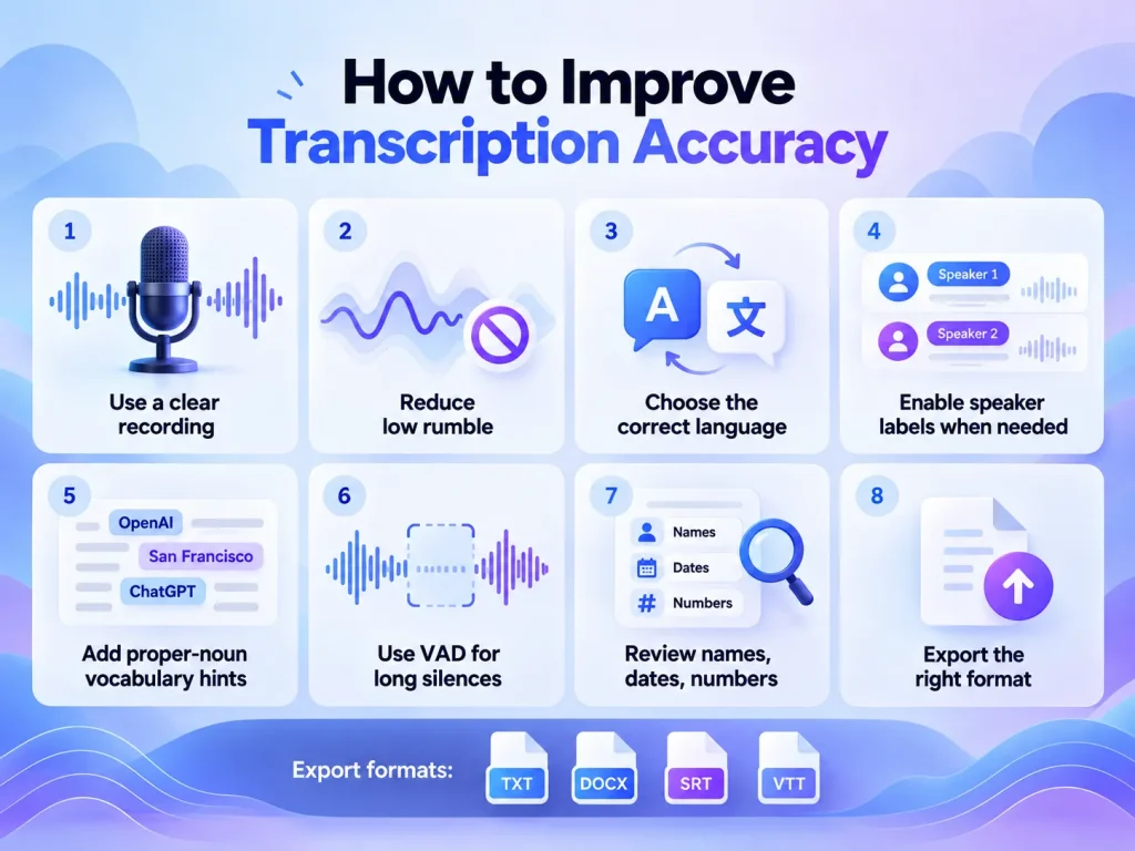 Eight ways to improve transcription accuracy using clear audio, correct language, speaker labels, vocabulary hints, and transcript review