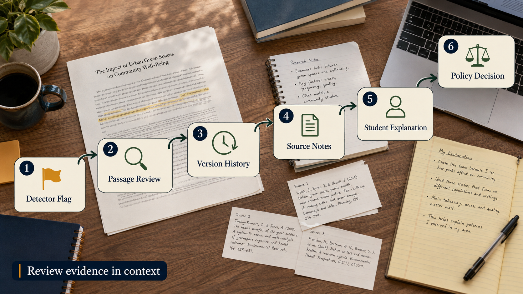 Evidence-based review process after an AI writing flag, from passage review to policy decision