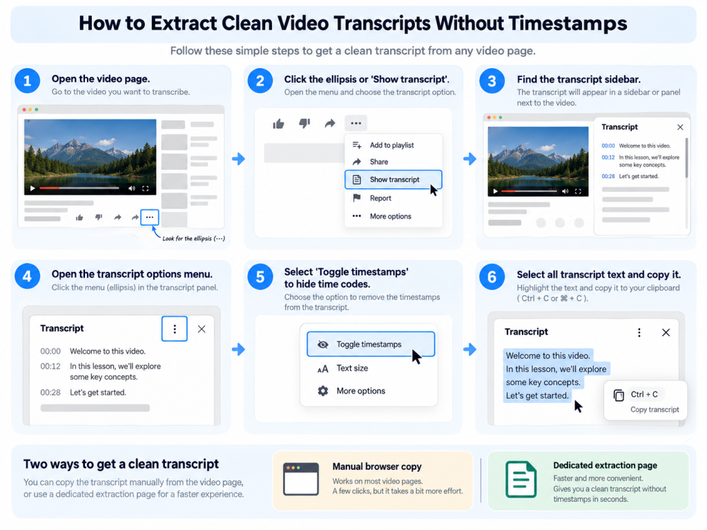 Six-step infographic showing how to extract a clean video transcript without timestamps.