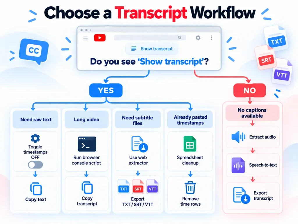YouTube transcript download workflow for videos with captions, no captions, and manual extraction options