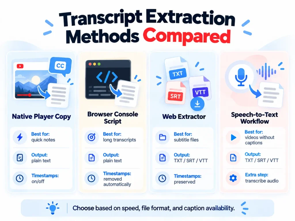 YouTube transcript extraction methods compared across the native player, browser console, web tools, and speech-to-text