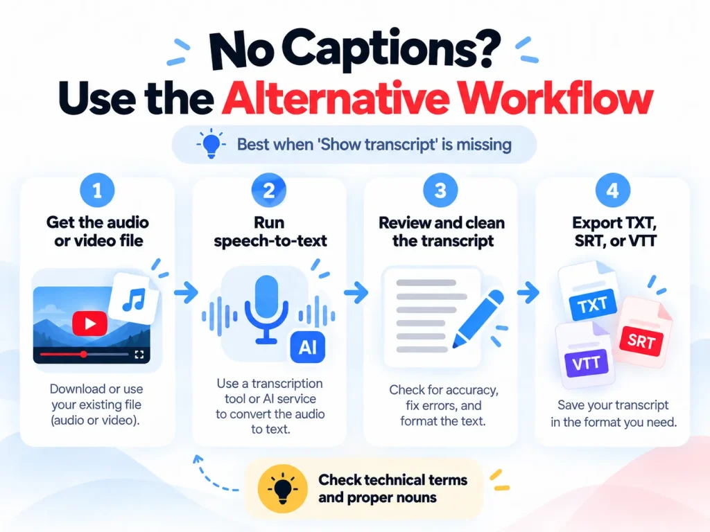 Alternative workflow for downloading a YouTube transcript when video captions are unavailable