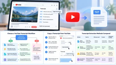 YouTube transcript downloader workflow showing a video page, extraction options, and TXT or SRT export