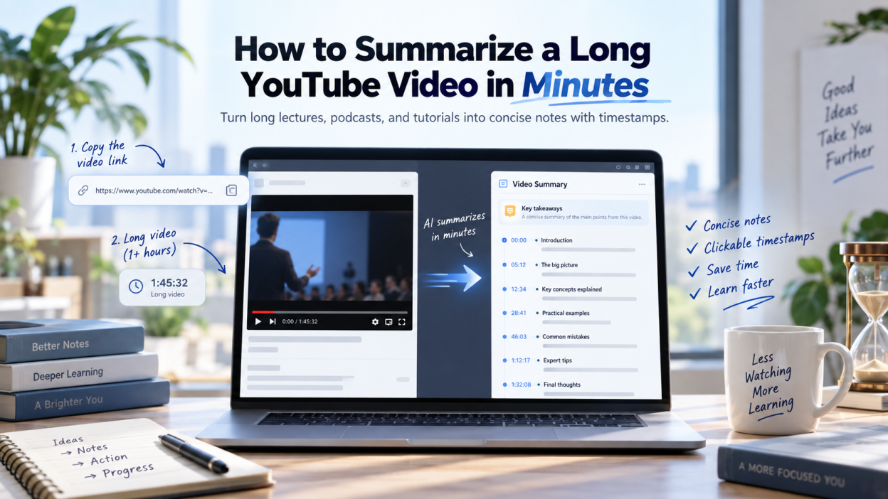 Laptop screen showing a web app that turns a long YouTube video into a concise summary.