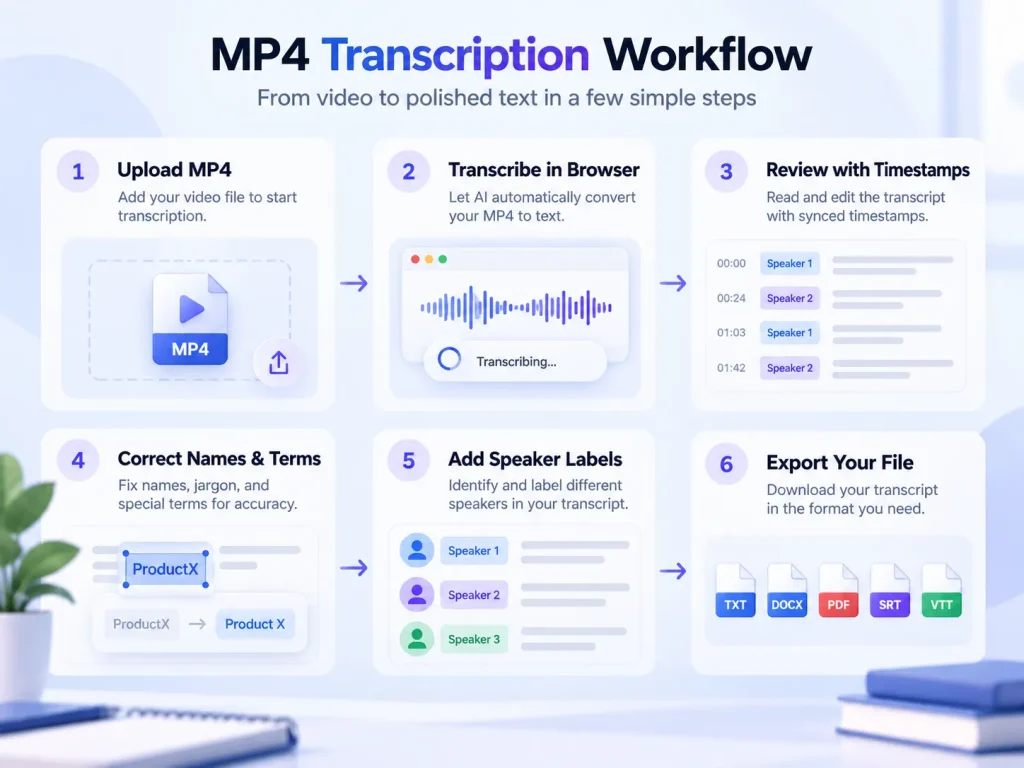 MP4 transcription workflow from video upload and audio extraction to transcript editing and export