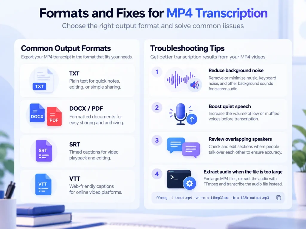 Common MP4 transcription formats and fixes for unsupported files, poor audio, and large videos