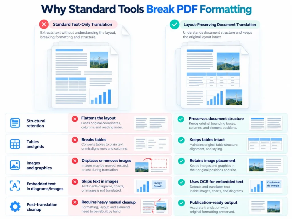 Comparison showing why standard PDF translation tools break layouts and how format-preserving translation fixes them