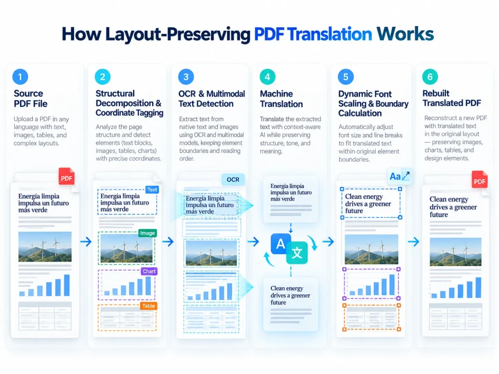 Layout-preserving PDF translation workflow from file upload and OCR to translation and quality review