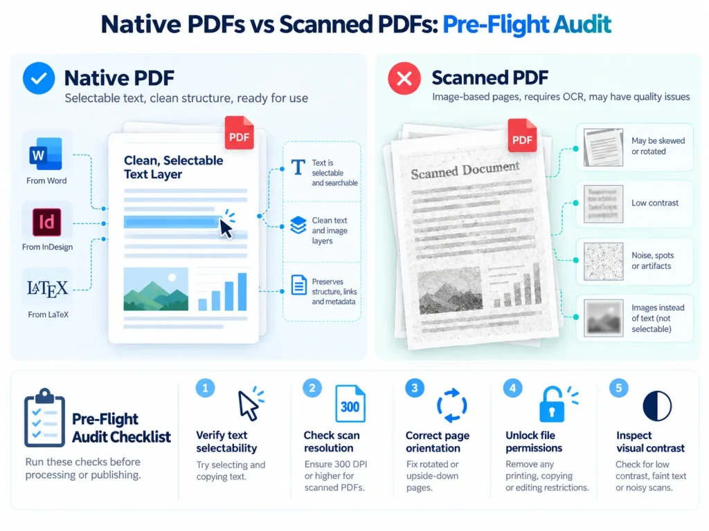 Native versus scanned PDF pre-flight audit for choosing OCR and layout-preserving translation settings