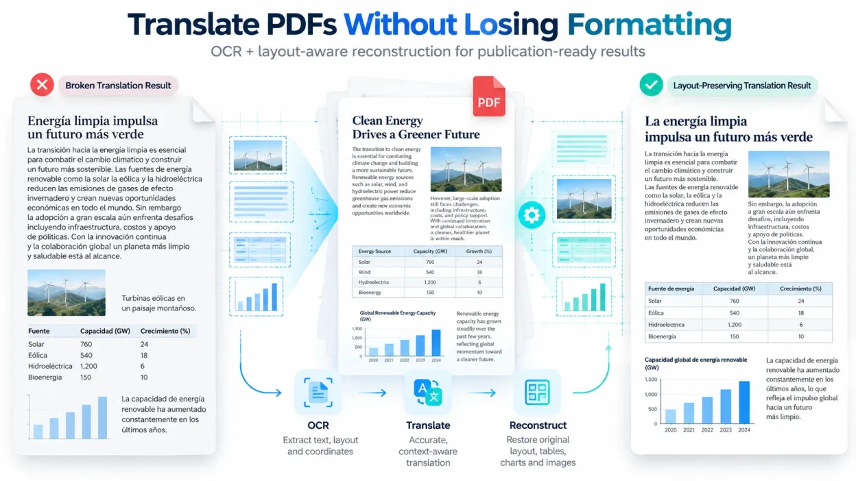 Translate PDFs without losing formatting through upload, document analysis, translation, and layout review