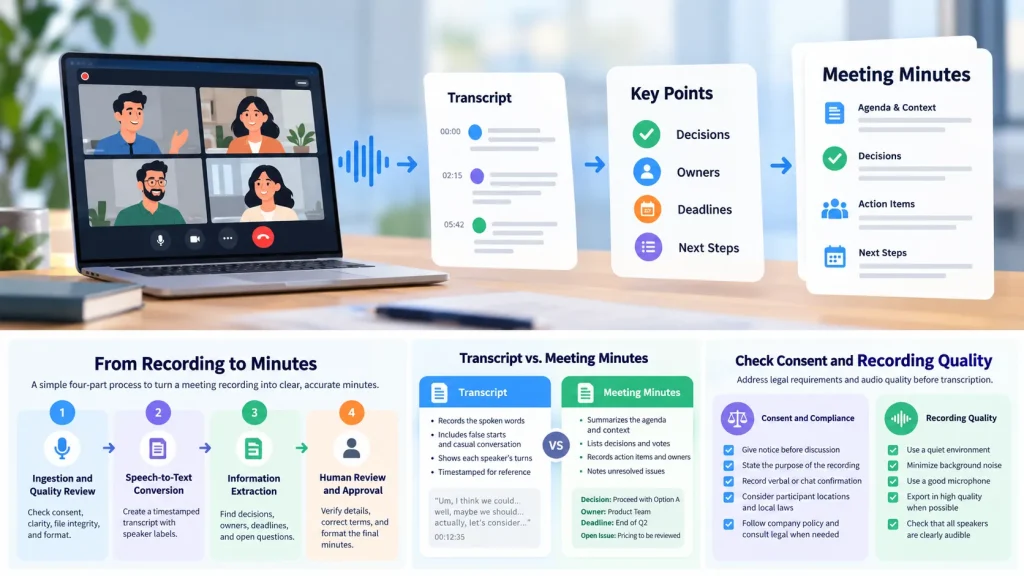 Meeting recording workflow from video call and audio capture to transcript, summary, action items, and minutes