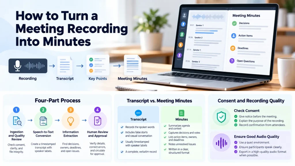 How to turn a meeting recording into minutes using transcription, speaker identification, summaries, and action items