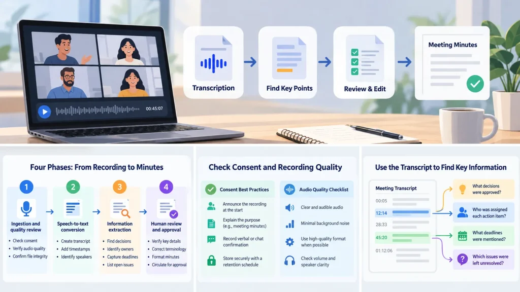 Workflow for converting online meeting recordings into searchable transcripts, decisions, and follow-up tasks