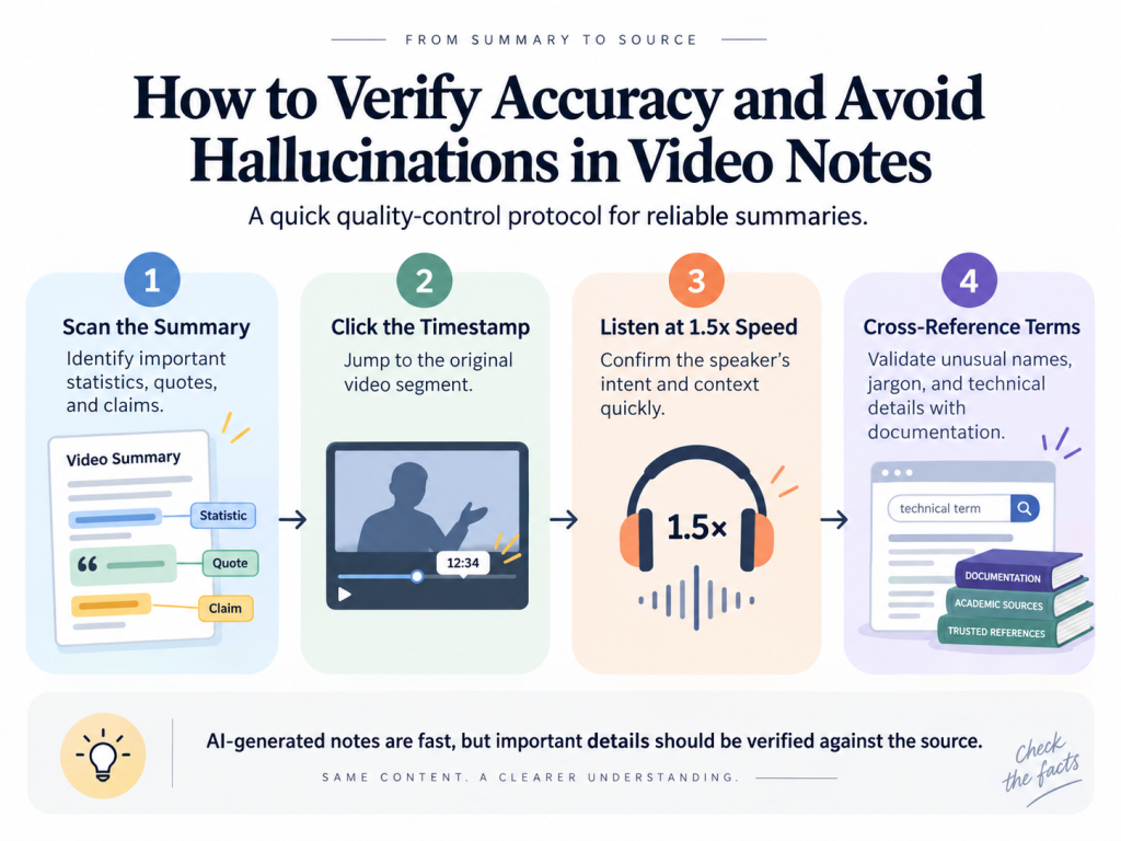 Four-step infographic for checking video-note accuracy by reviewing summaries, timestamps, playback speed, and source terms.
