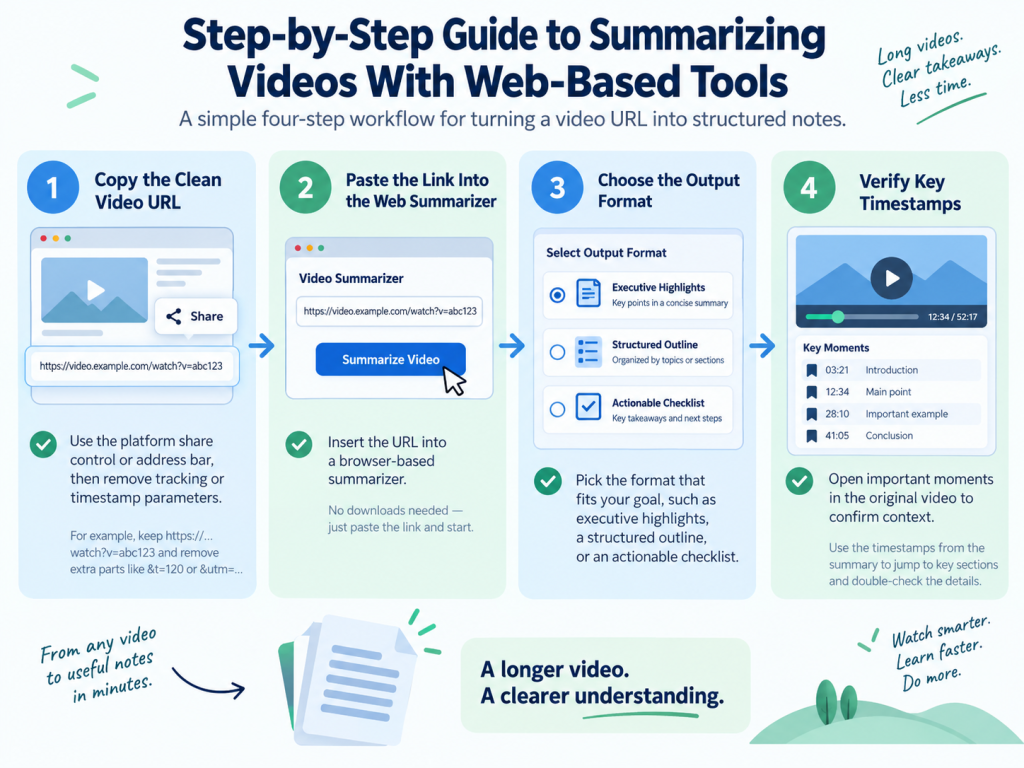 Four-step infographic showing how to summarize a video with a web-based tool: copy the URL, paste the link, choose an output format, and verify the summary.