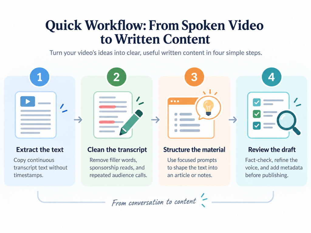 Four-step workflow for turning a spoken video into written content: extract, clean, structure, and review the transcript.